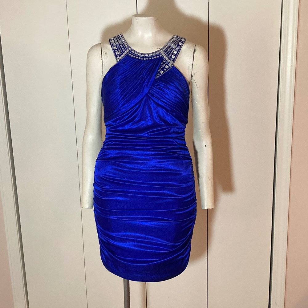 Royal Blue Cocktail Dress with Silver Bead Accents Adrianna Papell Size MEDIUM